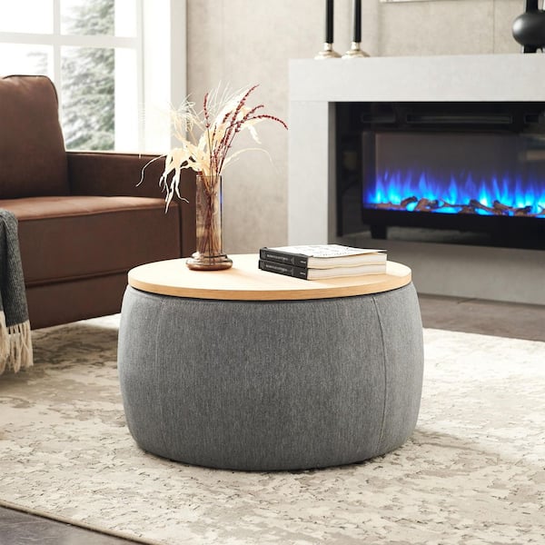 Monroe Dark Grey Modern Upholstered Linen Round Storage Ottoman, MDF