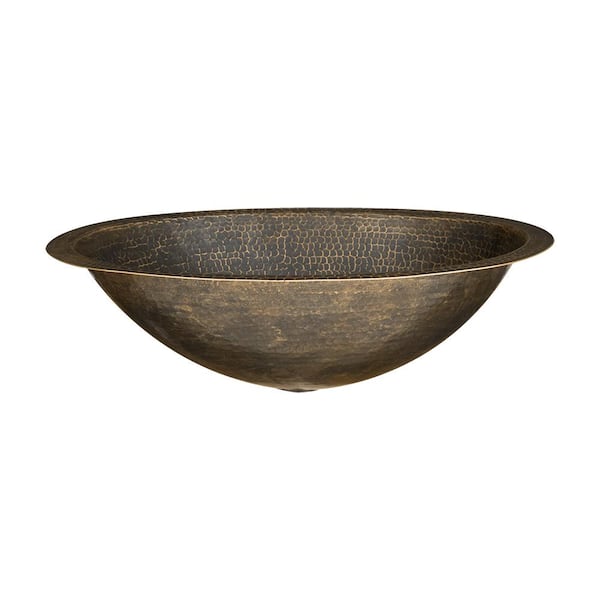 Premier Copper Products 19 in. Under Counter Oval Hammered Copper Bathroom Sink in Antique Brass