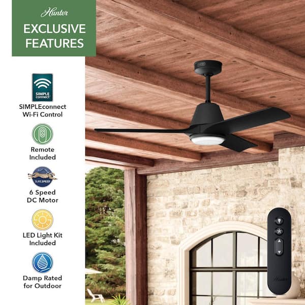 Hunter - Hunter 52 in. Aeronaut Wi-Fi ENERGY STAR Matte Black Damp Rated Smart Ceiling Fan with LED Light Kit and Handheld Remote