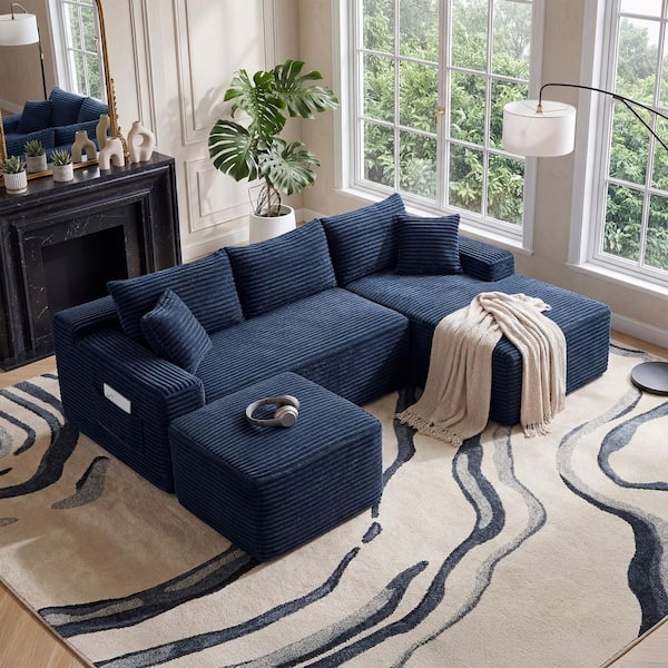 Willa 94.5 in. Square Arms 3-Piece Corduroy Modular Compressed Sectional Sofa in Blue with Ottoman, Right Arm Chaise