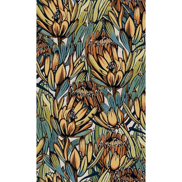 Walls Republic Beige/Blue Exotic Protea Flower Print Non-Woven Non-Pasted Textured Wallpaper 57 sq. ft.