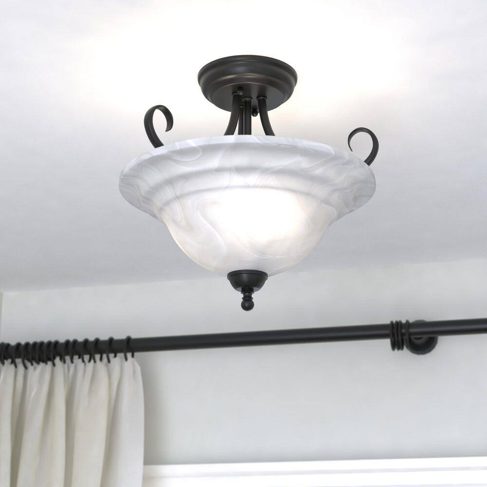 Babylon 14" Oil Burnished Bronze Semi-Flush Mount with White Alabaster Glass