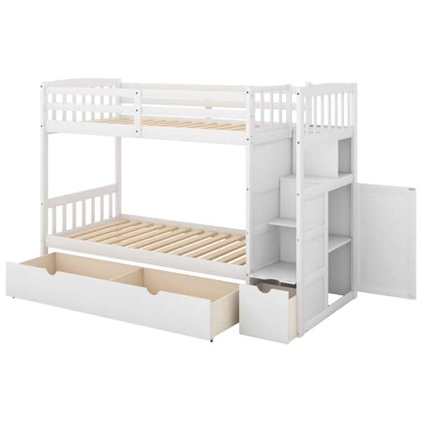 Nestfair White Wood Twin over Full with Bunk Bed with Convertible ...
