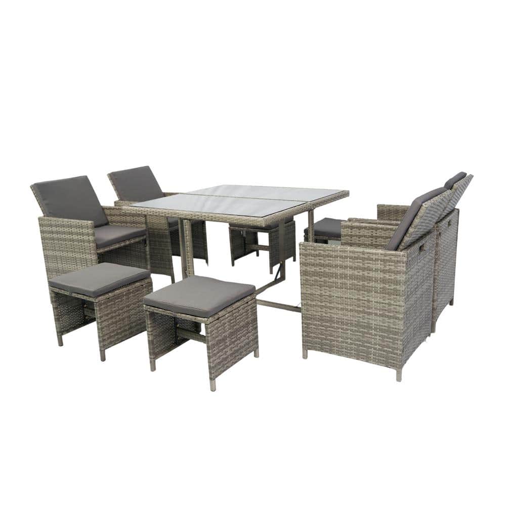 9-Piece Wicker Square Glass Table Outdoor Dining Set with Gray Cushion