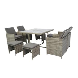 9-Piece Wicker Square Glass Table Outdoor Dining Set with Gray Cushion
