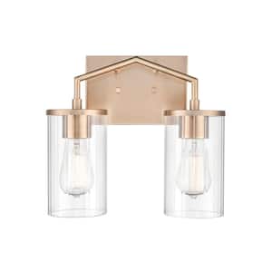 Beverlly 13 in. 2-Light Modern Gold Vanity Light with Clear Beveled Glass