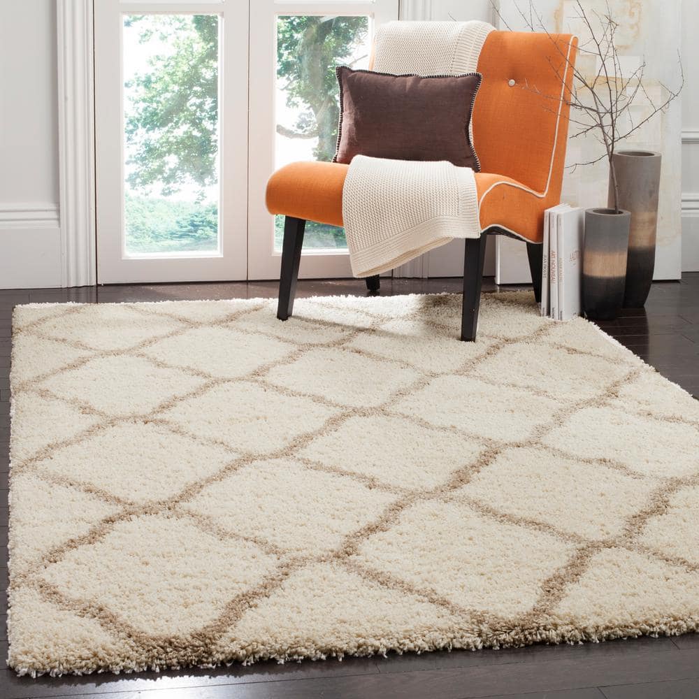Hudson 3' x 5' Ivory/Beige Geometric Shag Synthetic Rug