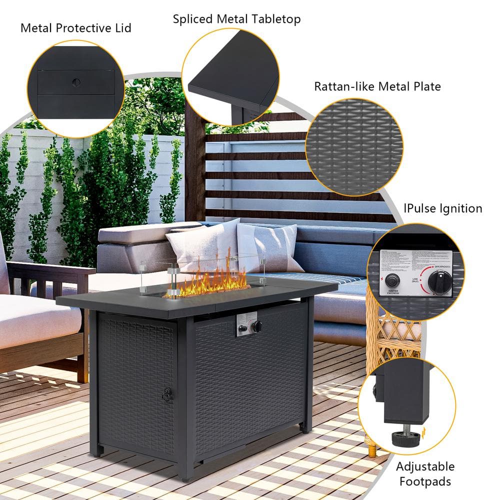 43-Inch Black Stainless Steel Rectangular Gas Fire Pit Table
