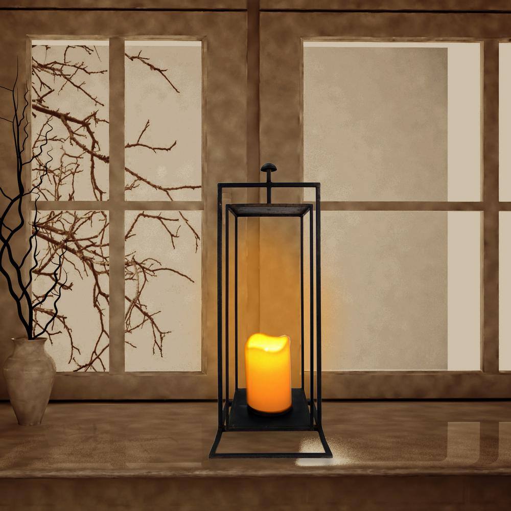 25" Tall Black Steel Rectangular Candle Lantern for Outdoor Use