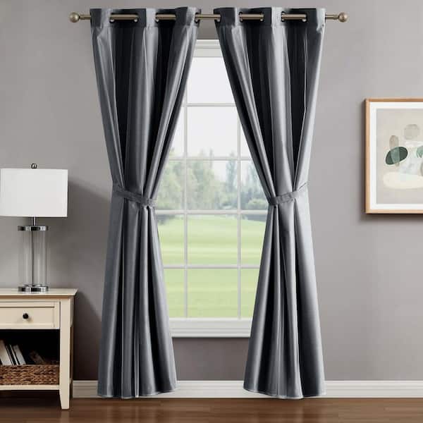 CREATIVE HOME IDEAS Augusta Charcoal Grey 38 in. W x 84 in. L Grommet Blackout Tiebacks Curtain with Sheer Overlay (2-Panels and 2-Tiebacks)