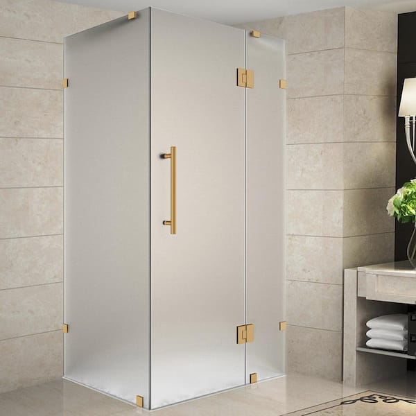 Avalux 32 in. x 32 in. x 72 in. Rectangular Pivot Frameless Corner Shower Enclosure in Brushed Gold with Frosted Glass