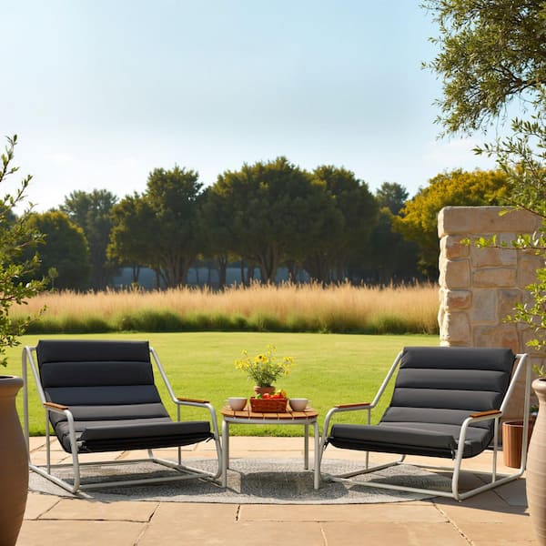 3-Pieces Metal Patio Conversation Set with Wooden Desktop and Cushions, Gray