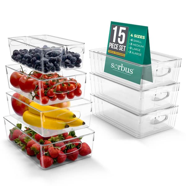 Variety 15-Pack Clear Plastic Organizing Bins, Refrigerator, Fridge, Pantry, and Kitchen Storage Organizers