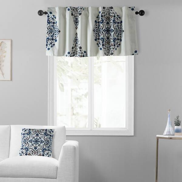 Exclusive Fabrics & Furnishings Kerala Blue Printed Cotton Rod Pocket Window Valance - 50 in. W x 19 in. L (1 Panel)