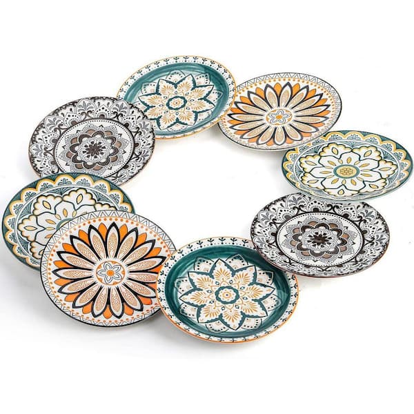 Wudkey 8-Piece 8.5 in. Porcelain Salad Plates, Dessert Plates, Lunch Plate Sets, Dishwasher Safe, Microwave Safe, Multicolor