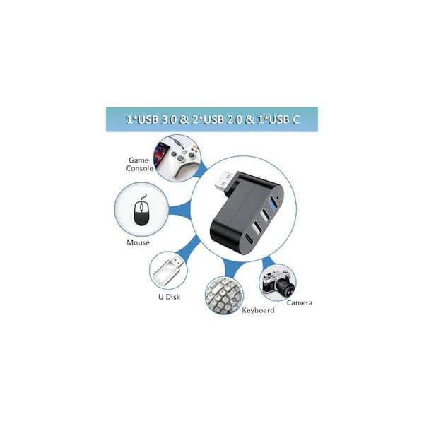 Hub USB 3.0 4 Ports Rotatif – 3 Ports USB + 1 Port USB-C, Compatible Mac, PC, Voiture, Plug And Play