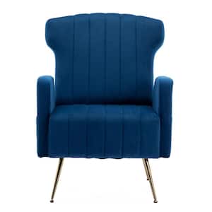 Modern Upholstered Navy Blue Velvet Wingback Accent Arm Chair with Metal Legs