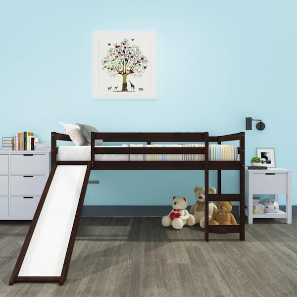 HomeRoots Charlie Espresso Twin Loft Bed with Slide 44 in. H x 78 in. W x 42 in. D