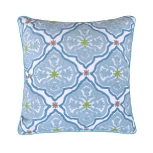 Cressida Blue, Green, Taupe, Ivory Embroidered Medallion 18 in. x 18 in. Throw Pillow