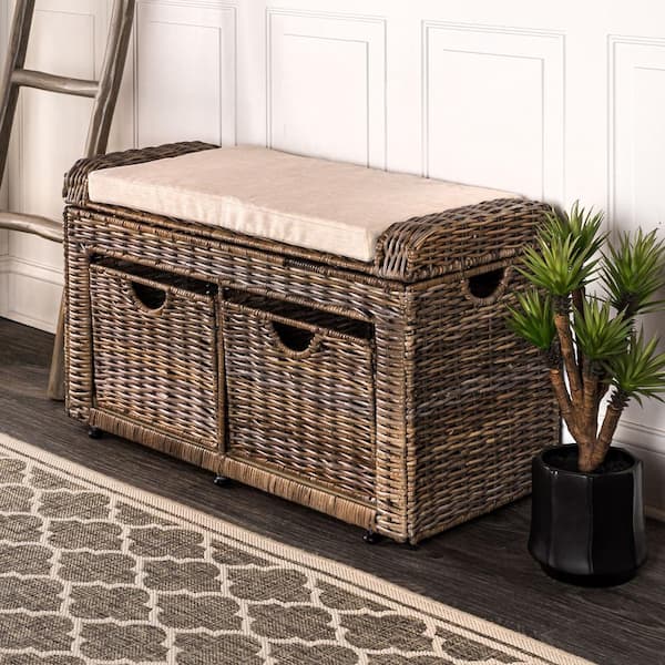 Gray Palermo 20 in. x 34.50 in. x 15 in. 2-Drawer Wicker Storage Bench