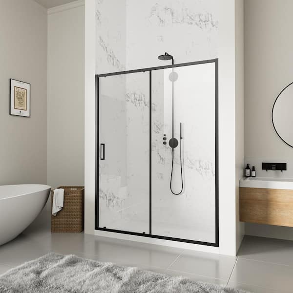 QuickMount 48 in. W x 74 in. H Single Sliding Semi Frameless Shower Door in Matt Black with Clear 1/4 in. Glass