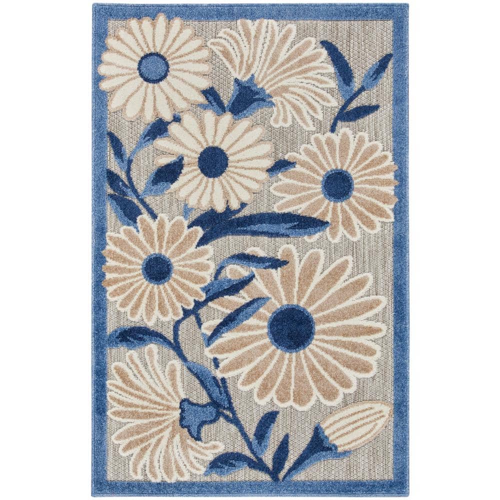 Aloha Daisy Flower Blue/Grey Floral Flatwoven Rug 2'8" x 4'