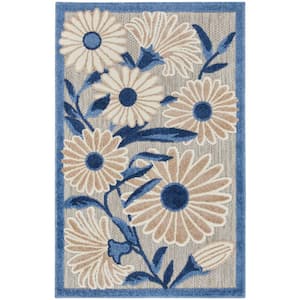 Aloha Blue Grey 3 ft. x 4 ft. Wild Flowers Floral  Contemporary Indoor/Outdoor Area Rug