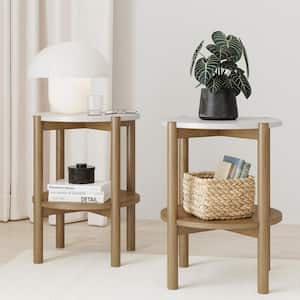 Tucker 22 in. Round Accent Small Side Table, Wood Sofa End Table with Marble Top for Living Room or Bedroom, Set of 2