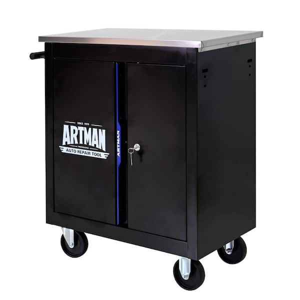 Movable Lockable Double Door Partition Tool Car 26.64 in. W Multi-functional Hardware Auto Repair Locker Black and Blue