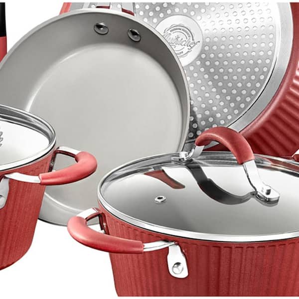 NutriChef Non-Stick Kitchenware Pots & Pans, Gray Inside & Red Outside,  Metal + Silicone Handle, PTFE/PFOA/PFOS Free NCCW11RDL, 11 Pcs. Stylish