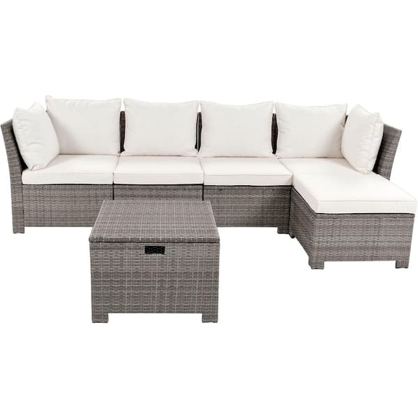 Sudzendf 6-Piece Wicker Patio Conversation Set with Beige Cushions, 2 Corner Chairs,2 Single Chairs,1 Ottoman and 1 Storage Table