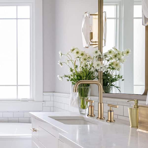 8 in. Widespread 2-Handle High Arc Bathroom Faucet Combo Kit with Drain Kit Included and Pop-Up Drain in Brushed Gold