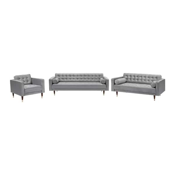 Armen Living Somerset Grey Velvet Mid Century Modern Sofa Seating Set
