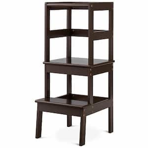 2-Step Pine Wood Step Stool, 330 lbs. Learning Toddler Tower with Safety Rail in Brown