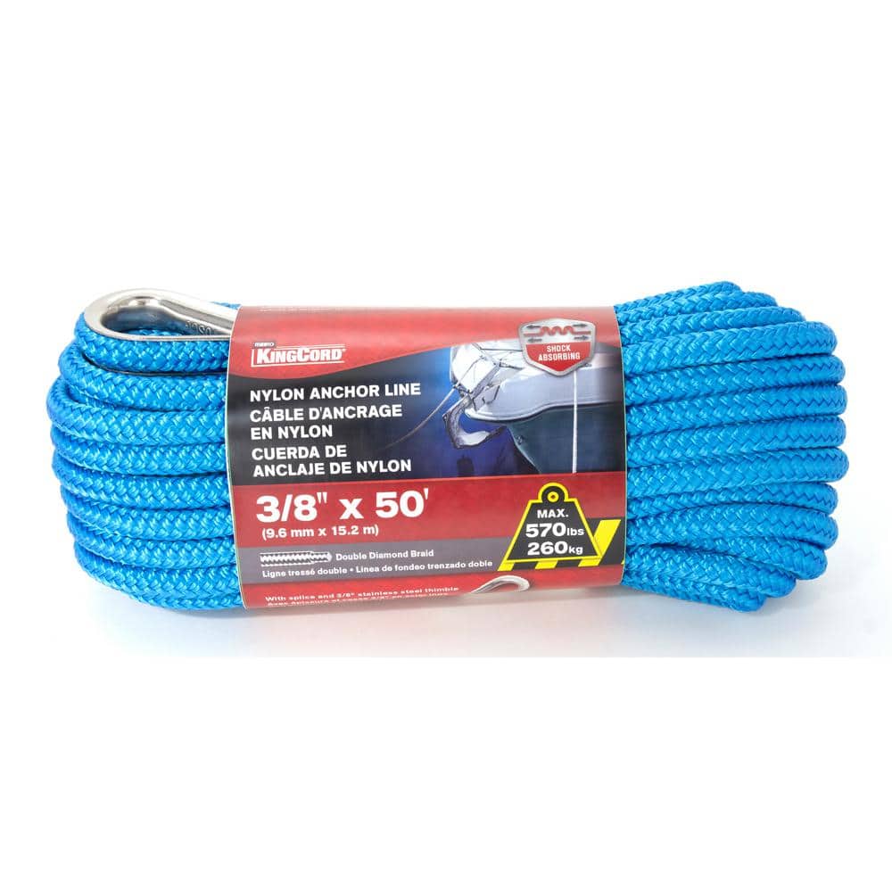 KingCord 3/8 in. x 50 ft. Nylon Double Braid Anchor Line Rope, Blue with  Spliced 3/8 in. Stainless Steel Thimble 459011BG