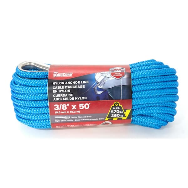 KingCord 3/8 in. x 50 ft. Nylon Double Braid Anchor Line Rope, Blue with  Spliced 3/8 in. Stainless Steel Thimble 459011BG - The Home Depot