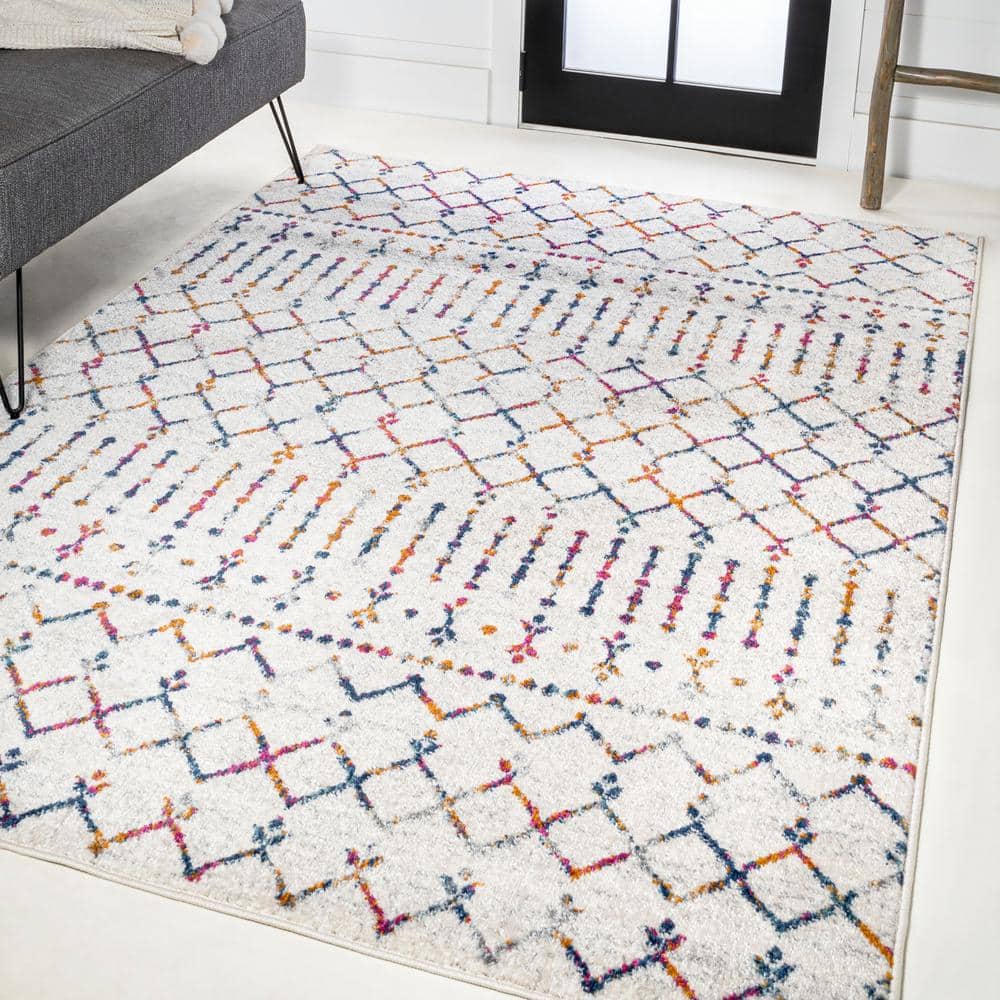 Cream and Multicolor Synthetic Trellis 4' x 6' Area Rug