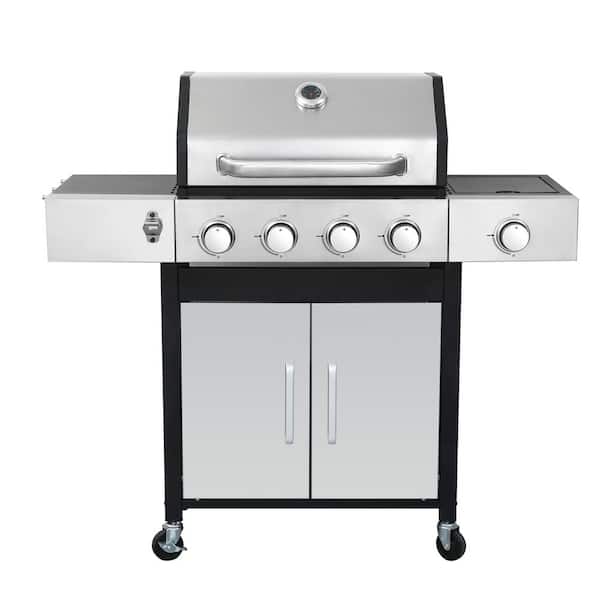 Kahomvis 4-Burner Stainless Steel Barbecue Grill Propane Grill in Silver with Enameled Cast Iron Cooking Grids
