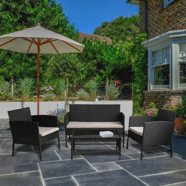 GOOEEN Black 4-Piece Wicker Patio Furniture Sets All Weather Outdoor Sectional Sofa Set with Beige Cushions and Table