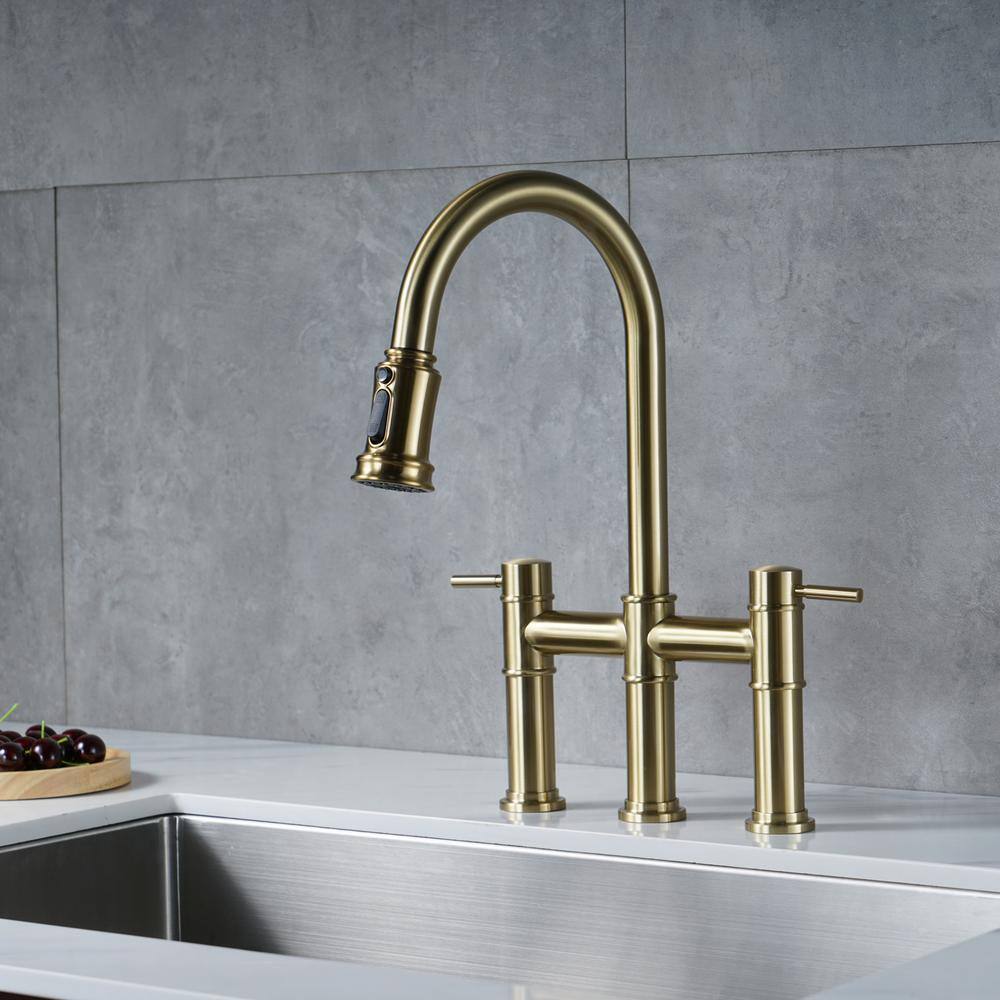 Brushed Gold Double Handle Bridge Kitchen Faucet with Pull Down Sprayer