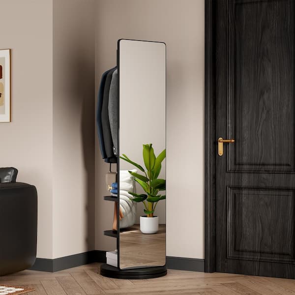 360° Rotating Floor Mirror with Coat Hooks,Shelves Bedroom and Entryway,Black 19.7 in. W x 69 in. H Full-Length Mirror