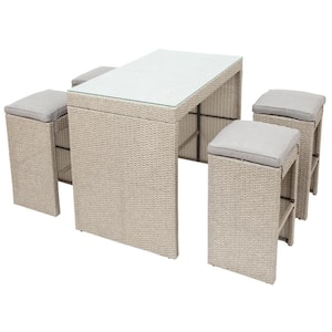 Brown 5-Piece Wicker Outdoor Dining Set with Brown Cushions