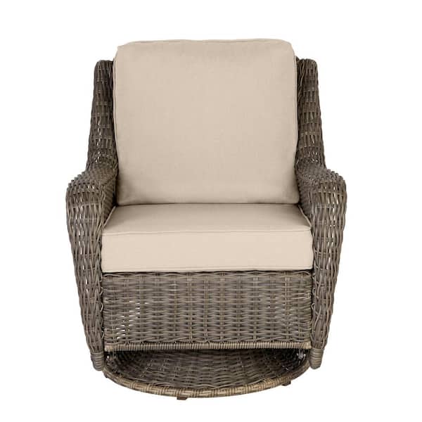 Hampton Bay Cambridge Gray Wicker Outdoor Patio Swivel Rocking Chair With Sunbrella Beige Tan Cushions H056 01574700 The Home Depot Hampton Bay Cambridge Gray Wicker, Outdoor Furniture Swivel Rocker Chair