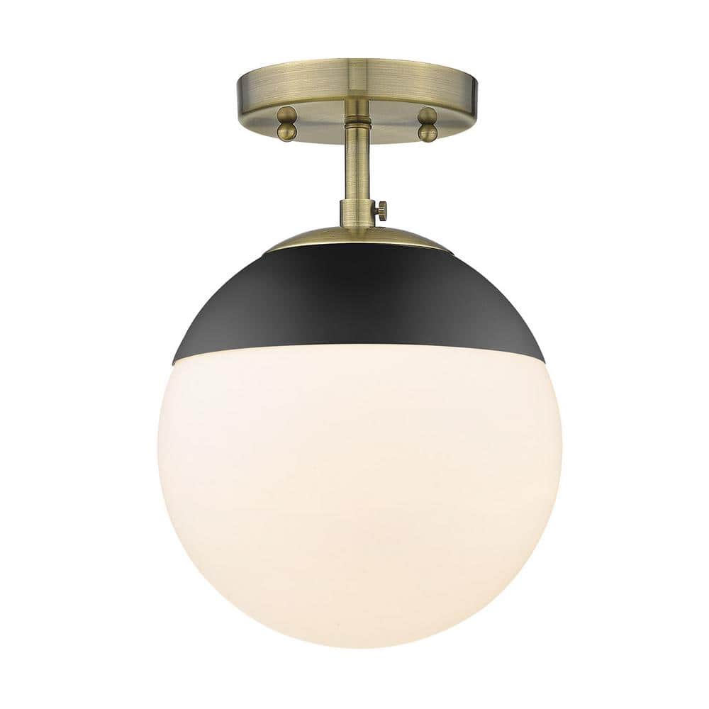 Matte Black and Aged Brass Globe Semi-Flush Light with Opal Glass