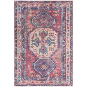 57 Grand Machine Washable Red/Navy 4 ft. x 6 ft. Bordered Transitional Area Rug