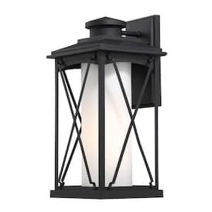 Lansdale Collection 1-Light Large Sand Black with Etched Opal Glass Outdoor Wall Lantern Sconce