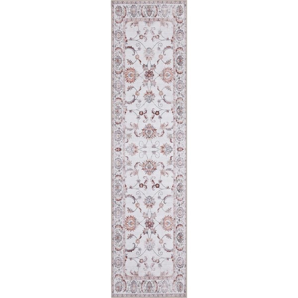 Arabella Vintage Floral Border Machine-Washable Cream/Terra 2 ft. x 8 ft. Runner Rug
