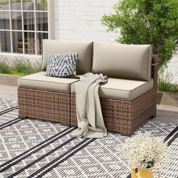 Brown Wicker Outdoor Loveseat with Cooling Cream Cushions
