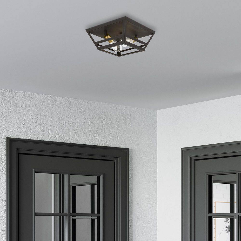 Bronze and Antique Brass 2-Light Flush Mount with Metal Shade