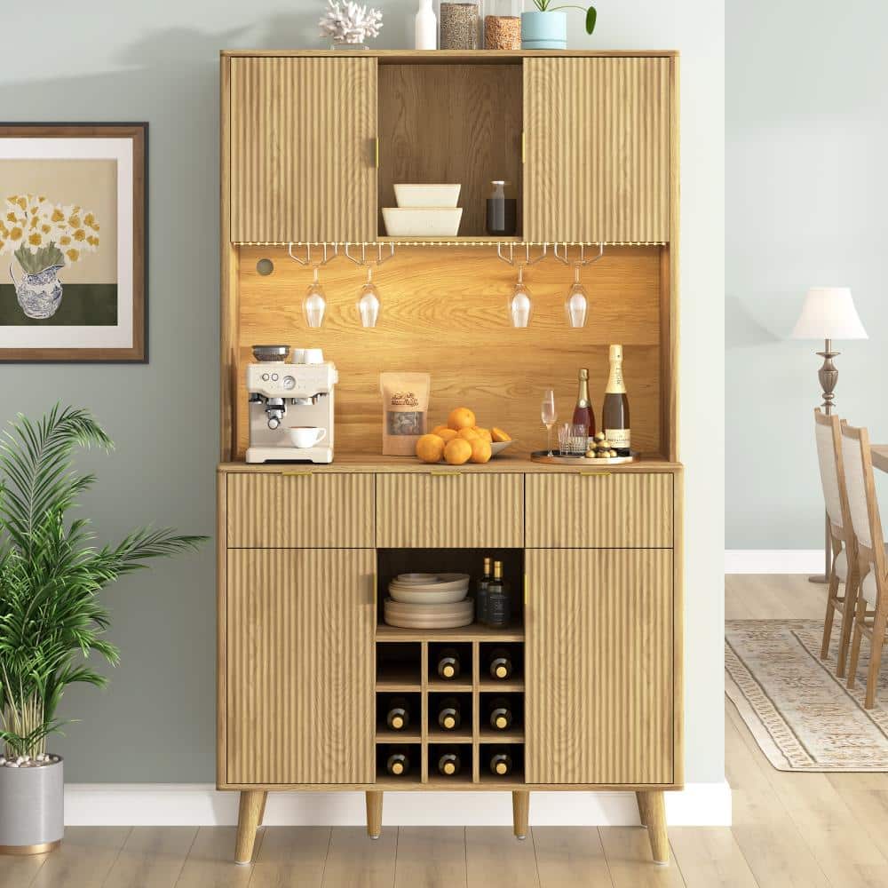 Natural Wood 48.1 in. W Multifunctional Wine Cabinet with Nine-Grid Wine Rack, Electrical Outlet and LED Light